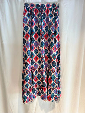 Boho Ikat Print Tiered Maxi Skirt Pink Blue Size S